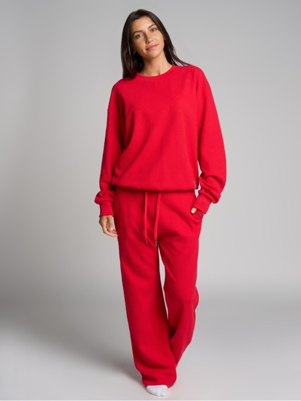 Comfrt Cherry Red Waffle Lounge Long Sleeve & Lounge Pant